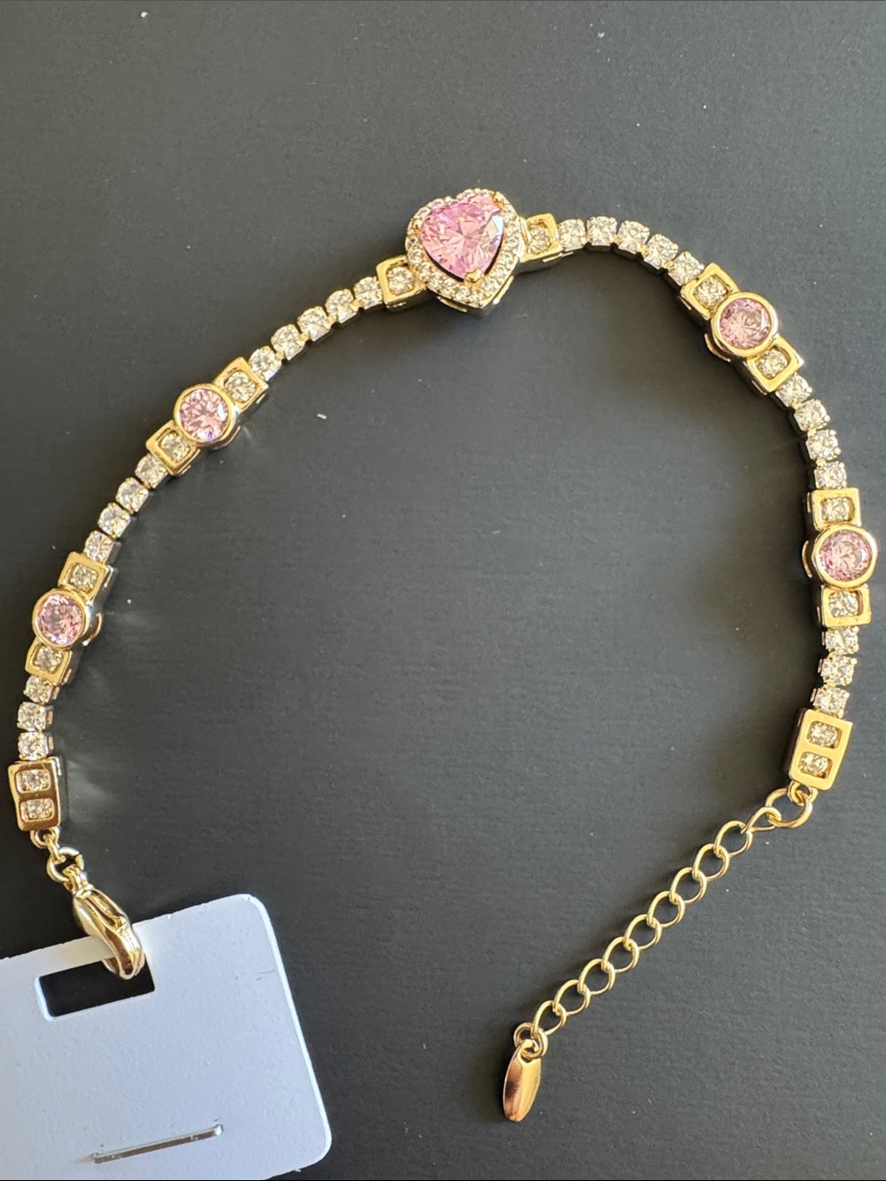 Gold-Tone Pink Heart Tennis Bracelet - Elegant Women's Jewelry